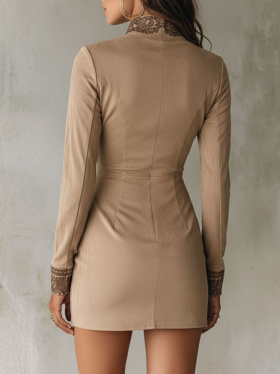 Wiktoria – Beżowa Sukienka Mini z Haftem Eleganckim